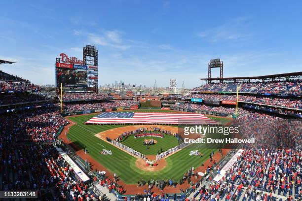 General view of Citizens Bank Park during the national anthem before the game between the Philadelphia Phillies and the Atlanta Braves on Opening Day...