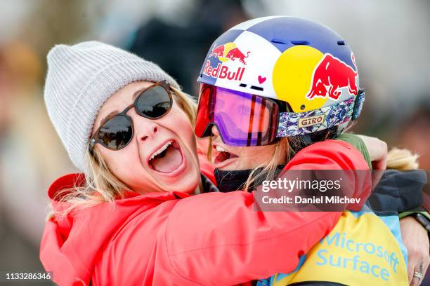 Maddie Mastro reacts after winning a gold medal at Women's Halfpipe finals during the Burton U.S. Open Championships at Golden Peak on March 2, 2019...