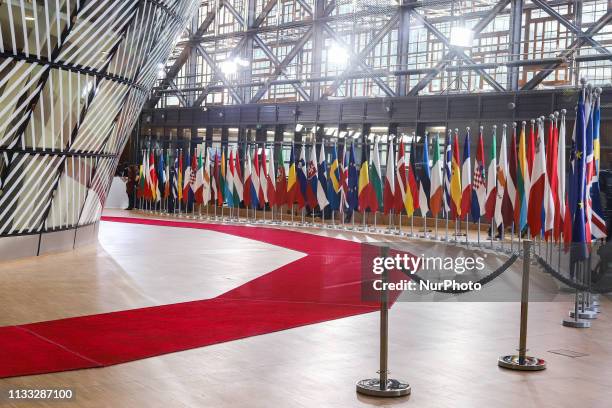 Flags and flags of the European countries state member next to the red carpet where EU leaders arrive in the EU in the European Council building...