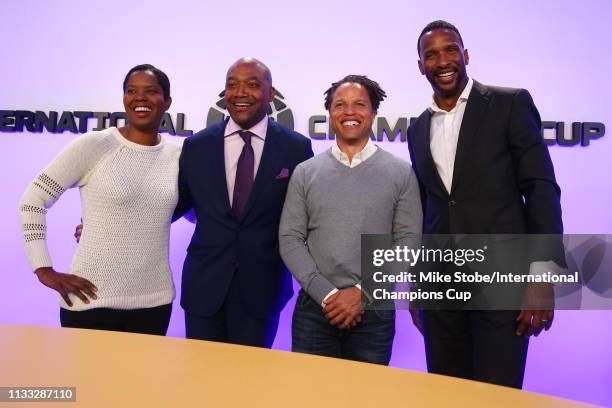 Briana Scurry, Mark W. Wright, Cobi Jones and Shaka Hislop pose for a photo after the 'The Ugle Side of The Beautiful Game' panle during day two of...