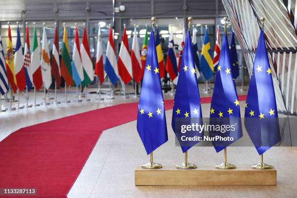 Flags and flags of the European countries state member next to the red carpet where EU leaders arrive in the EU in the European Council building...