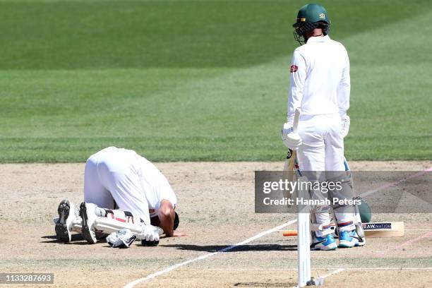 Mohammad Mahmudullah of Bangladesh celebrates after scoring a century during day four of the First Test match in the series between New Zealand and...