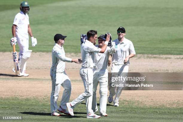 Trent Boult of the Black Caps celebrates the wicket of Soumya Sarkar of Bangladesh during day four of the First Test match in the series between New...