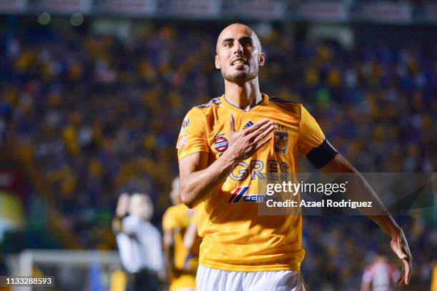 Guido Pizarro of Tigres celebrates after scoring his team's third goal during the 9th round match between Tigres UANL and Pachuca as part of the...