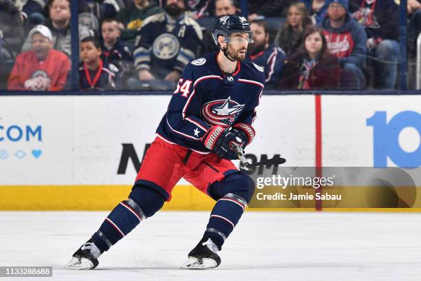 Adam McQuaid of the Columbus Blue Jackets skates against the Edmonton Oilers on March 2, 2019 at Nationwide Arena in Columbus, Ohio.