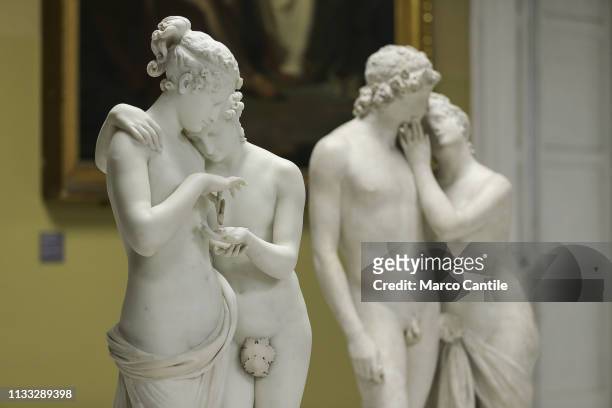 The statues of "Cupid and Psyche Standing" and "Venus and Adonis" by the sculptor Canova, inside the exhibition at the Archaeological Museum of...