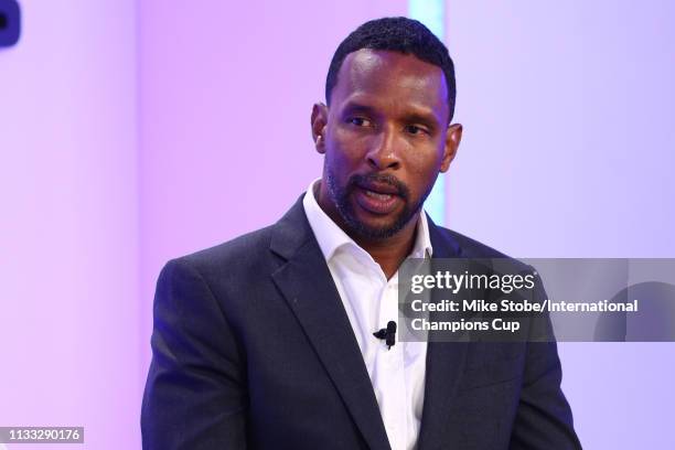 Shaka Hislop speaks during the 'The Ugle Side of The Beautiful Game' panel during day two of the International Champions Cup launch event at 107...