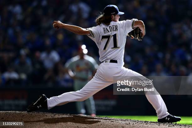 Josh Hader of the Milwaukee Brewers pitches in the ninth inning against the St. Louis Cardinals during Opening Day at Miller Park on March 28, 2019...