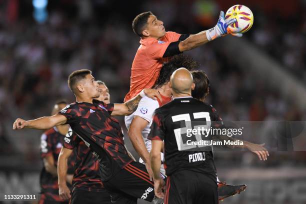 Alan Aguerre of Newell's All Boys clears the ball during a match between River Plate and Newell's Old Boys as part of Superliga 2018/19 at Estadio...