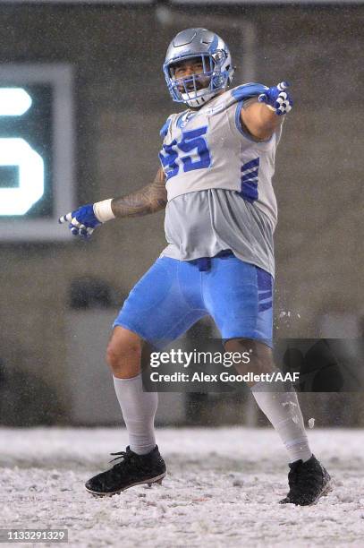 Tenny Palepoi of Salt Lake Stallions reacts after a sack of Garrett Gilbert of Orlando Apollos during their Alliance of American Football game at...