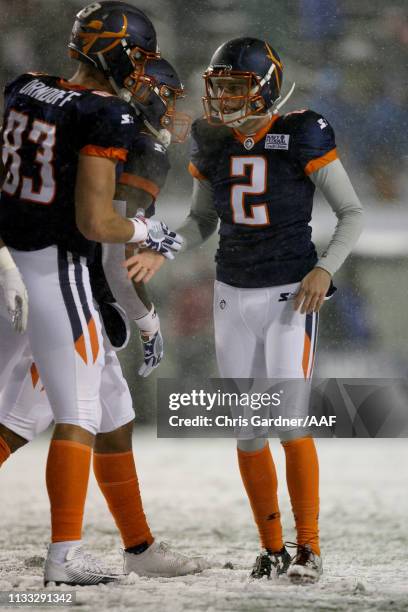 Elliott Fry of Orlando Apollos reacts after a field goal against the Salt Lake Stallions during their Alliance of American Football game at Rice...