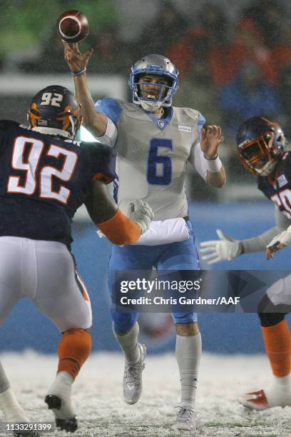 Josh Woodrum of Salt Lake Stallions attempts a pass against the Orlando Apollos during their Alliance of American Football game at Rice Eccles...