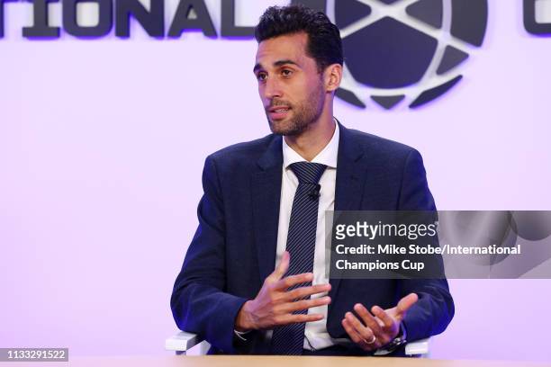 Alvaro Arbeloa of Real Madrid speaks during the 'El Derbi Madrileno' panel during day two of the International Champions Cup launch event at 107...
