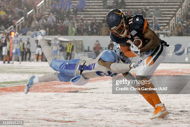 Donteea Dye Jr. #11 of Orlando Apollos scores a touchdown against the Salt Lake Stallions during their Alliance of American Football game at Rice...