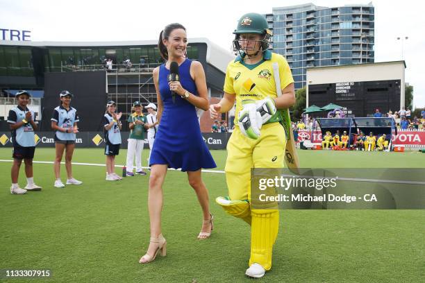 Commentator Abbey Gelmi interviews Alyssa Healy of Australia as she walks out to bat during game three of the One Day International Series between...