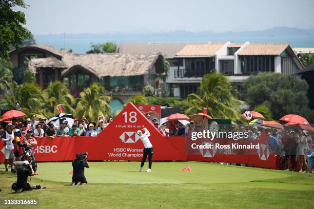 Sung Hyun Park of South Korea plays her shot from the 18th tee during the final round of the HSBC Women's World Championship at Sentosa Golf Club on...
