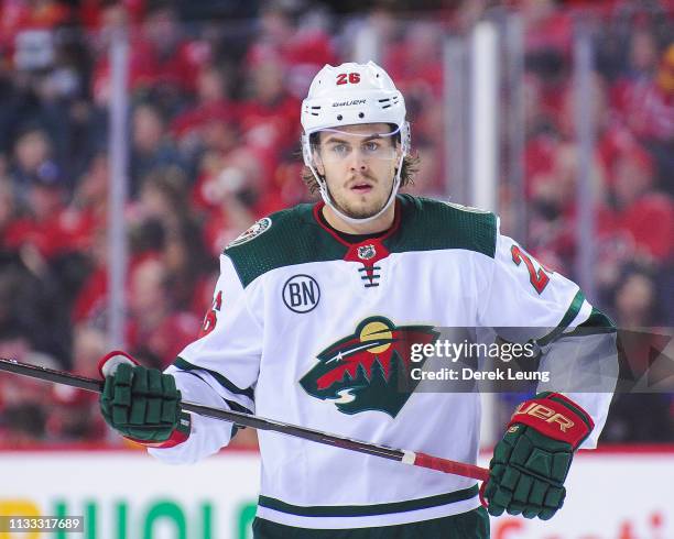 Pontus Aberg of the Minnesota Wild in action against the Calgary Flames during an NHL game at Scotiabank Saddledome on March 2, 2019 in Calgary,...