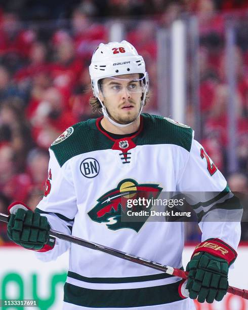 Pontus Aberg of the Minnesota Wild in action against the Calgary Flames during an NHL game at Scotiabank Saddledome on March 2, 2019 in Calgary,...