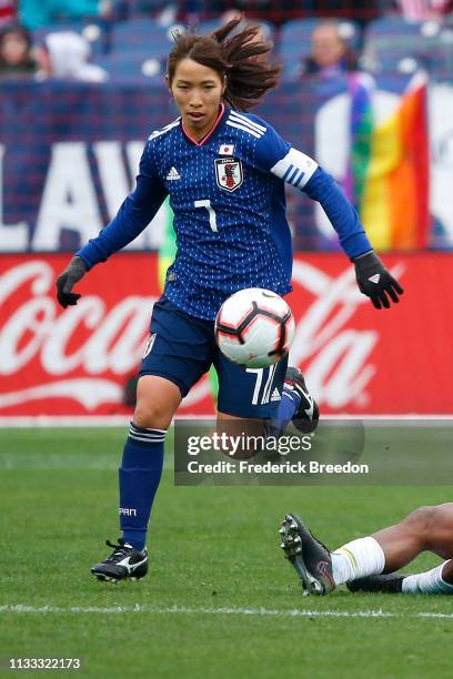 Emi Nakajima of Japan plays during the 2019 SheBelieves Cup match between Brazil and Japan at Nissan Stadium on March 2, 2019 in Nashville, Tennessee.