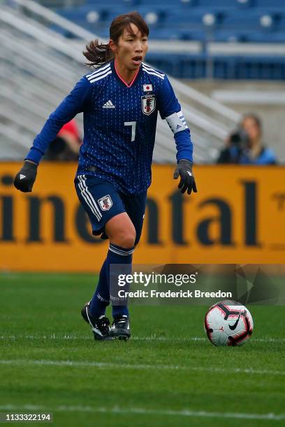 Emi Nakajima of Japan plays during the 2019 SheBelieves Cup match between Brazil and Japan at Nissan Stadium on March 2, 2019 in Nashville, Tennessee.