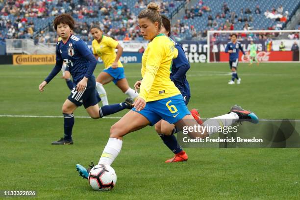 Tamires of Brazil plays during the 2019 SheBelieves Cup match between Brazil and Japan at Nissan Stadium on March 2, 2019 in Nashville, Tennessee.