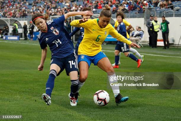 Tamires of Brazil plays during the 2019 SheBelieves Cup match between Brazil and Japan at Nissan Stadium on March 2, 2019 in Nashville, Tennessee.