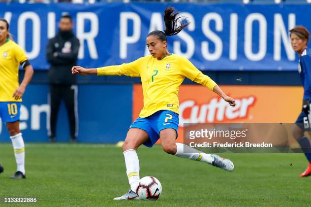 Andressa of Brazil plays during the 2019 SheBelieves Cup match between Brazil and Japan at Nissan Stadium on March 2, 2019 in Nashville, Tennessee.