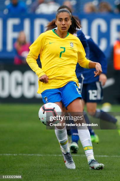 Andressa of Brazil plays during the 2019 SheBelieves Cup match between Brazil and Japan at Nissan Stadium on March 2, 2019 in Nashville, Tennessee.