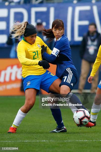 Monica of Brazil plays during the 2019 SheBelieves Cup match between Brazil and Japan at Nissan Stadium on March 2, 2019 in Nashville, Tennessee.