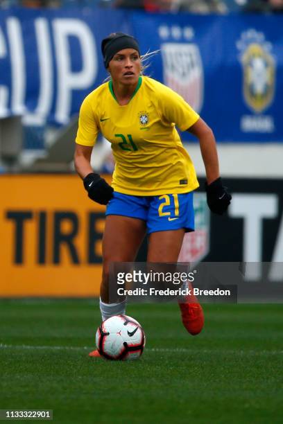 Monica of Brazil plays during the 2019 SheBelieves Cup match between Brazil and Japan at Nissan Stadium on March 2, 2019 in Nashville, Tennessee.