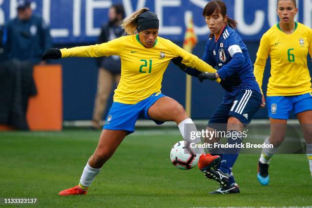 Monica of Brazil plays during the 2019 SheBelieves Cup match between Brazil and Japan at Nissan Stadium on March 2, 2019 in Nashville, Tennessee.