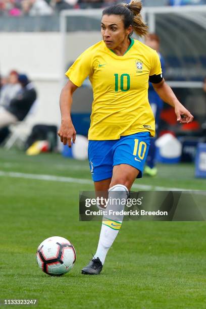 Marta of Brazil plays during the 2019 SheBelieves Cup match between Brazil and Japan at Nissan Stadium on March 2, 2019 in Nashville, Tennessee.