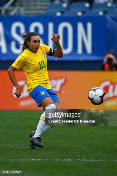 Marta of Brazil plays during the 2019 SheBelieves Cup match between Brazil and Japan at Nissan Stadium on March 2, 2019 in Nashville, Tennessee.
