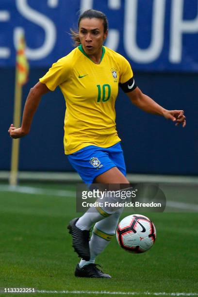 Marta of Brazil plays during the 2019 SheBelieves Cup match between Brazil and Japan at Nissan Stadium on March 2, 2019 in Nashville, Tennessee.