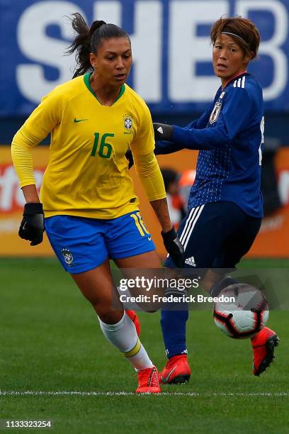 Beatriz of Brazil plays during the 2019 SheBelieves Cup match between Brazil and Japan at Nissan Stadium on March 2, 2019 in Nashville, Tennessee.