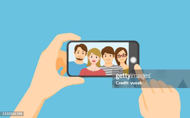 taking photo on smartphone - woman selfie portrait stock illustrations
