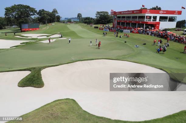 Sung Hyun Park of South Korea reacts after finishing on the 18th green during the final round of the HSBC Women's World Championship at Sentosa Golf...