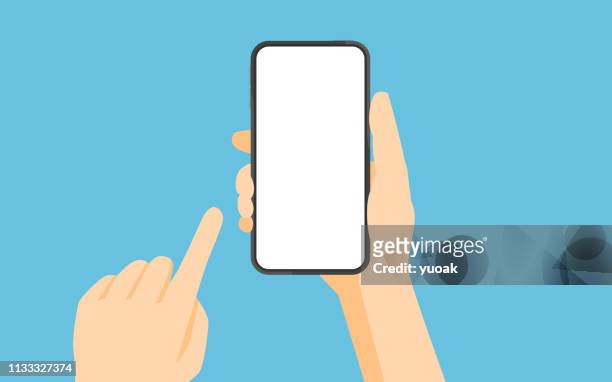 hand hält smartphone und berührenden bildschirm - hand stock-grafiken, -clipart, -cartoons und -symbole