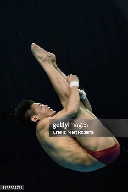 Jian Yang of China competes during the Men's 10m Platform Final on day three of the FINA Diving World Cup Sagamihara at Sagamihara Green Pool on...