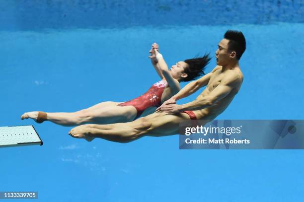 Hao Yang and Yani Chang of China compete during the Mixed 3m Synchro Springboard Final on day three of the FINA Diving World Cup Sagamihara at...