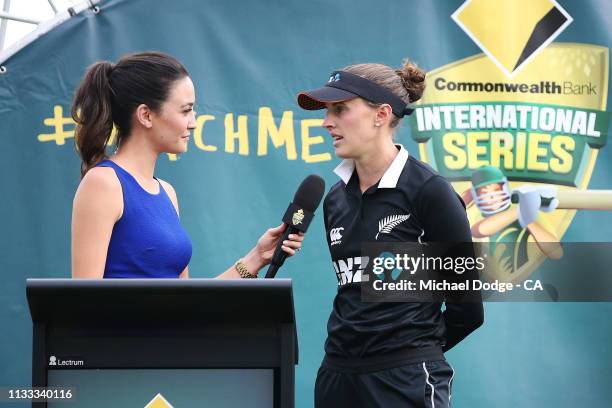 Commentator Abbey Gelmi interviews Amy Satterthwaite of New Zealand during game three of the One Day International Series between Australia and New...