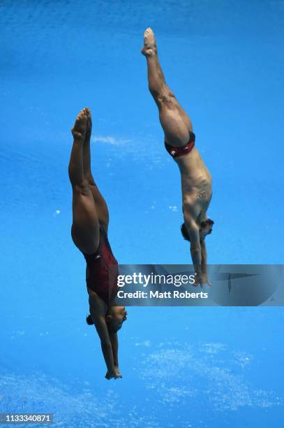 Francois Imbeau-Dulac of Canada compete during the Mixed 3m Synchro Springboard Final on day three of the FINA Diving World Cup Sagamihara at...