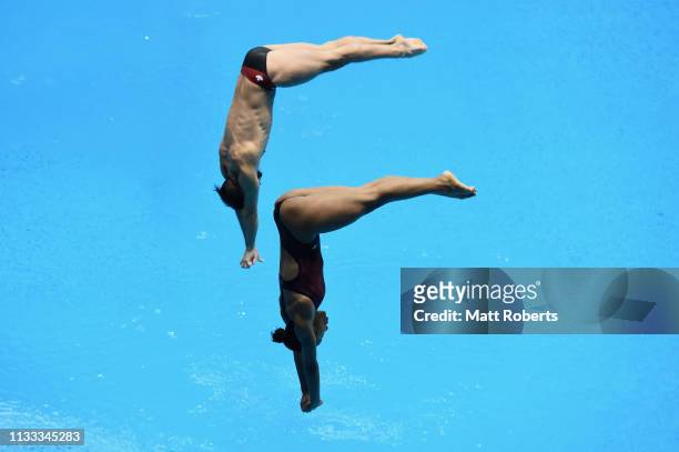 Jennifer Abel and Francois Imbeau-Dulac of Canada compete during the Mixed 3m Synchro Springboard Final on day three of the FINA Diving World Cup...