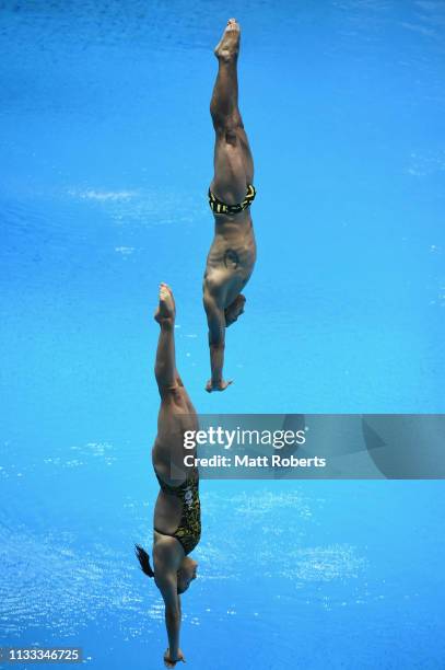 Jahir Ocampo Marroquin and Carolina Mendoza Hernandez of Mexico compete during the Mixed 3m Synchro Springboard Final on day three of the FINA Diving...