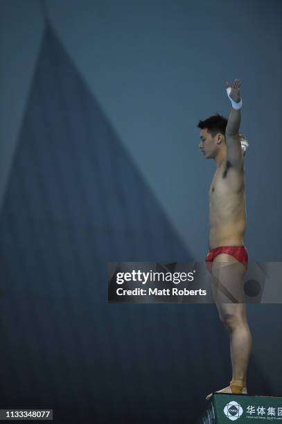 Aisen Chen of China competes during the Men's 10m Platform Final on day three of the FINA Diving World Cup Sagamihara at Sagamihara Green Pool on...