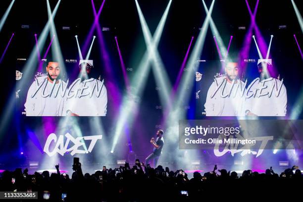 Yungen performs on stage during GRM Daily Presents The Rated Legend Tribute Show In Memory Of Cadet at Brixton Academy on March 2, 2019 in London,...