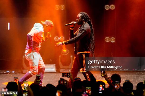 Haile and Louis Rei of WSTRN perform on stage during GRM Daily Presents The Rated Legend Tribute Show In Memory Of Cadet at Brixton Academy on March...