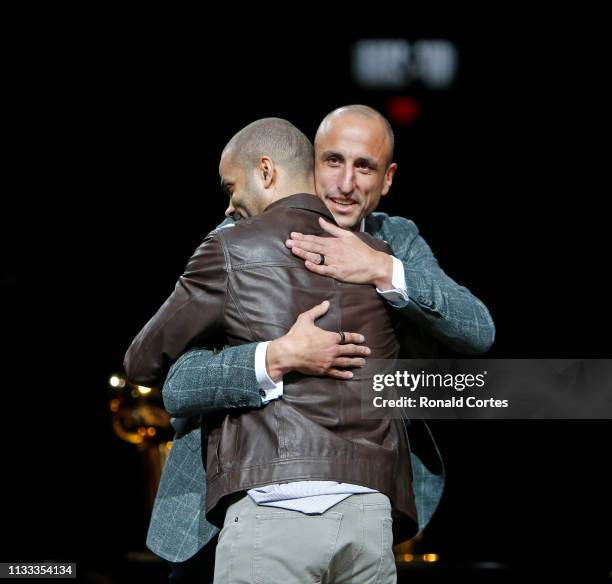 Manu Ginobili hugs ex-teammate Tony Parker during his retirement party at AT&T Center on March 28, 2019 in San Antonio, Texas. NOTE TO USER: User...