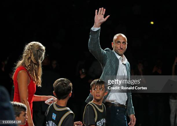 Manu Ginobili waves good-bye to San Antonio Spurs fans after his retirement party at AT&T Center on March 28, 2019 in San Antonio, Texas. NOTE TO...