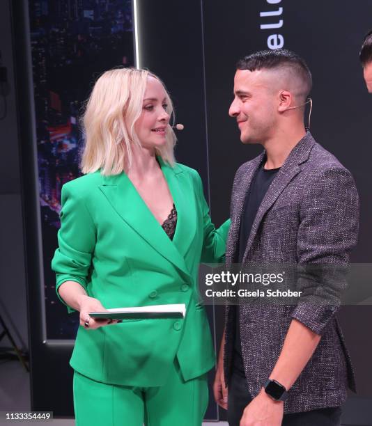 Janin Ullmann and Kostja Ullmann and Stephan Luca during the presentation of the new Range Rover Evoque at Berlin Bridge Studios on March 28, 2019 in...